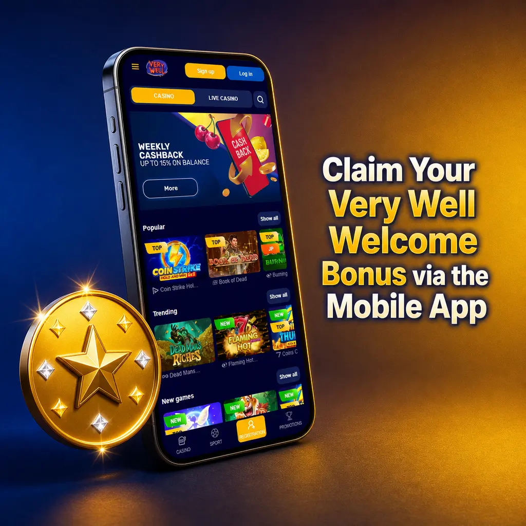 Very Well mobile app on iOS and Android showing welcome bonus claim process with 400% bonus and 300 free spins