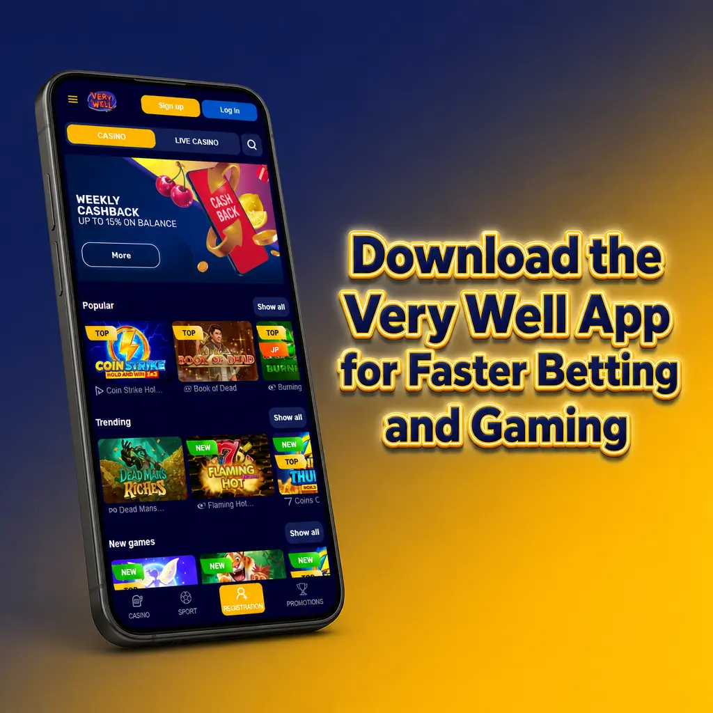 Very Well app interface showing live betting, casino access, and fast mobile gaming features for UK players