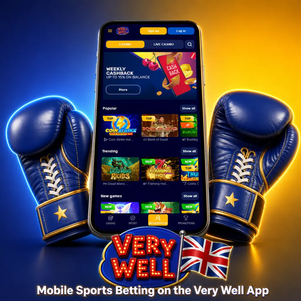 Very Well betting app sports markets interface showing football, tennis, horse racing and live in-play wagering options for UK players