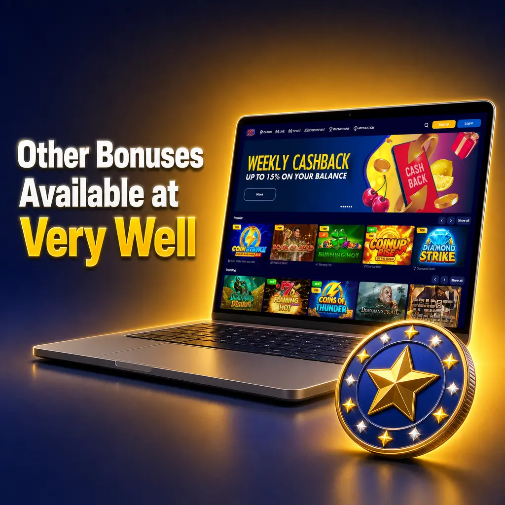 Table of ongoing promotions at Very Well Casino including reload bonus, cashback, free spins, loyalty rewards, VIP programme, and more