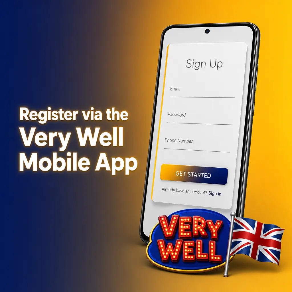 Very Well mobile app registration screen on Android showing Sign Up options for phone, email, or social media account creation