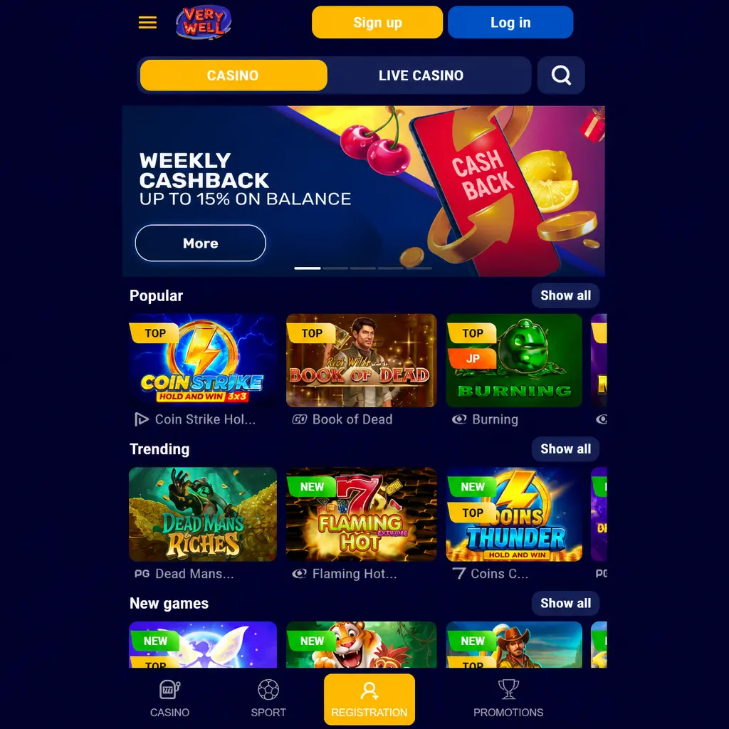Very Well app mobile interface showing bottom navigation bar with Sports, Casino, Live Casino and Account sections