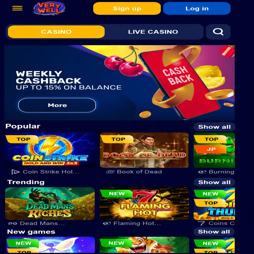Very Well app mobile interface showing bottom navigation bar with Sports, Casino, Live Casino, and Account sections