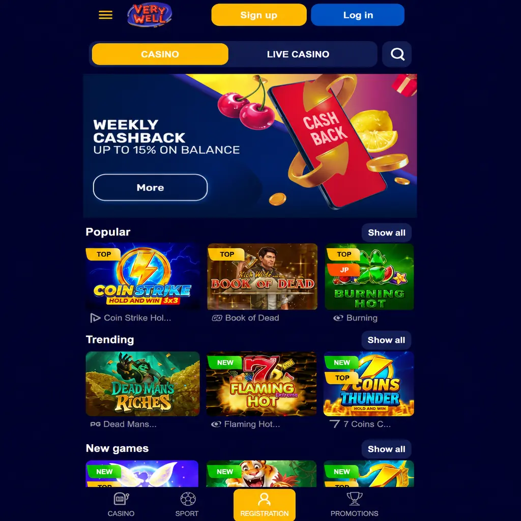 Very Well app mobile interface showing bottom navigation bar with Sports, Casino, Live Casino, and Account sections
