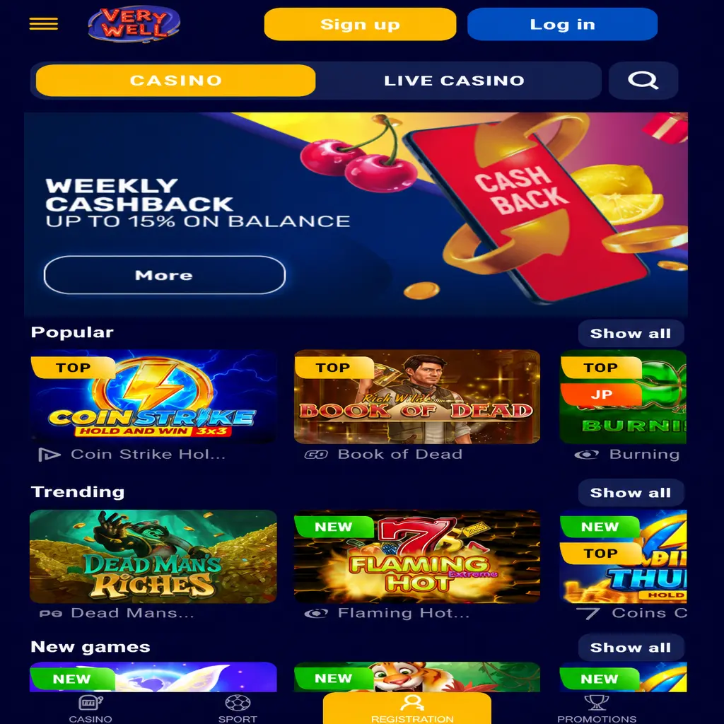 Very Well app mobile interface showing bottom navigation bar with Sports, Casino, Live Casino, and Account sections