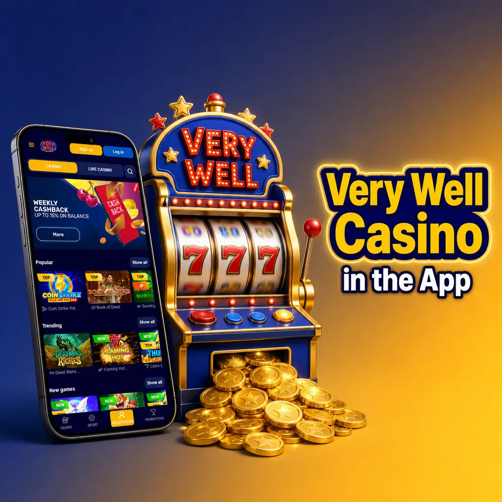 Very Well Casino app interface showing organised game categories including slots, live dealer tables, and crash games on mobile