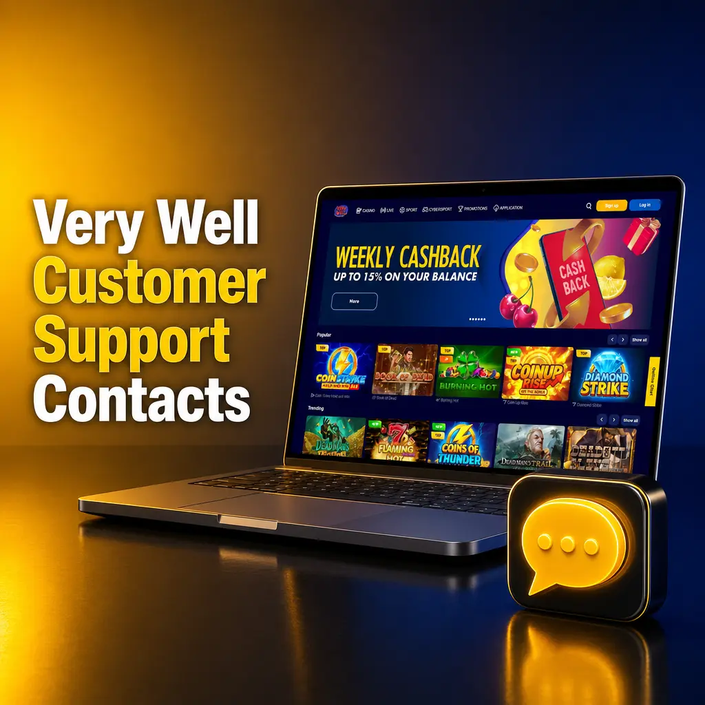 Very Well Casino customer support contact options including live chat, email, and Telegram for UK players