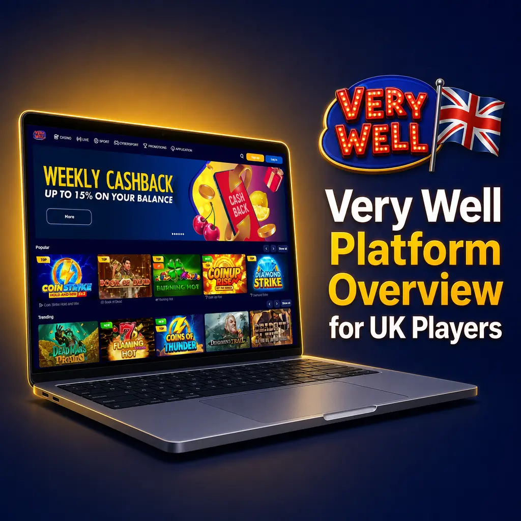 Very Well platform interface showing casino games, sports betting markets, and mobile app for UK players
