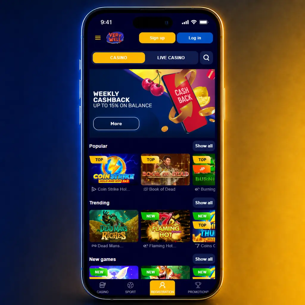 Dark navy and gold Very Well platform interface showing sports, casino and promotions navigation with responsive layout
