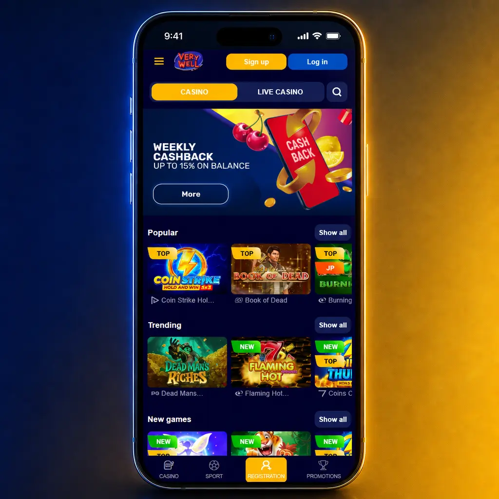 Dark navy and gold Very Well platform interface showing sports, casino, live casino menus with sidebar navigation and responsive layout