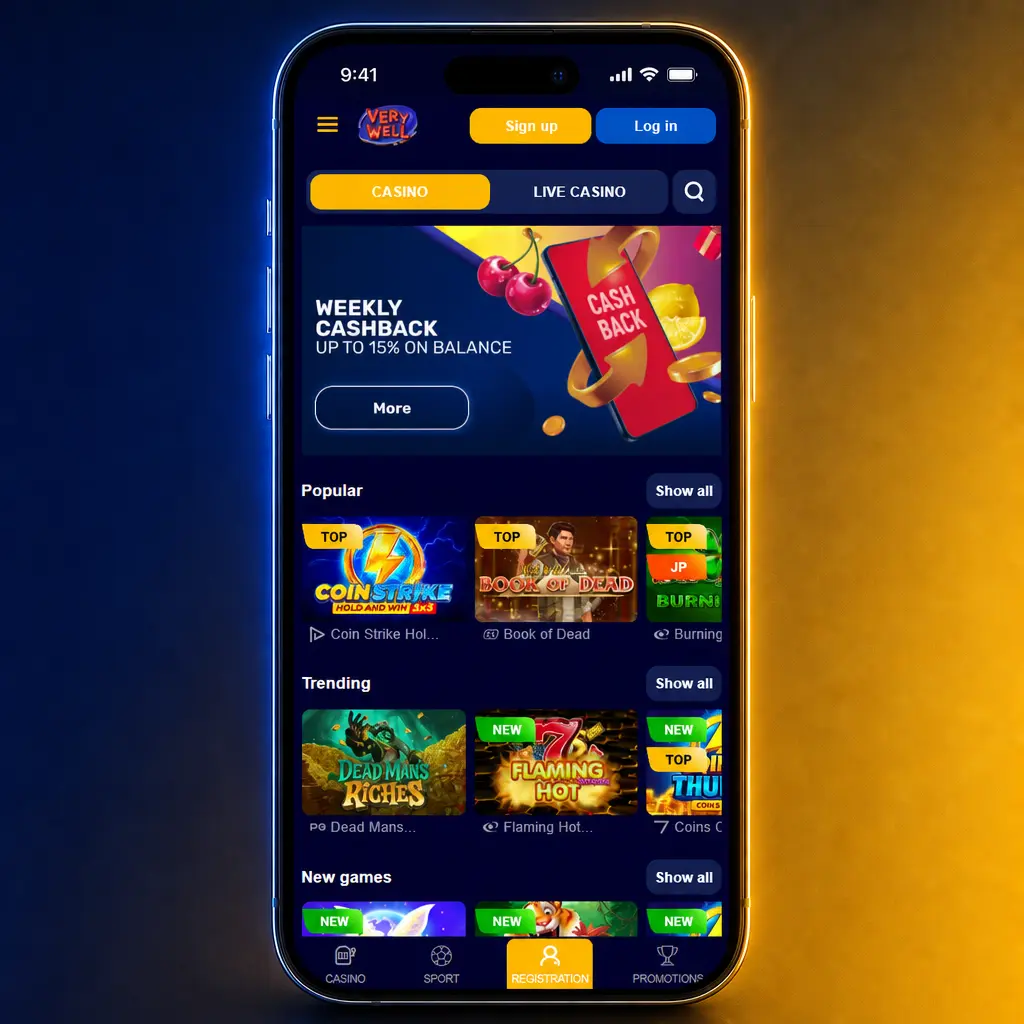 Dark navy and gold Very Well platform interface showing sports, casino, and promotions menu with responsive sidebar layout