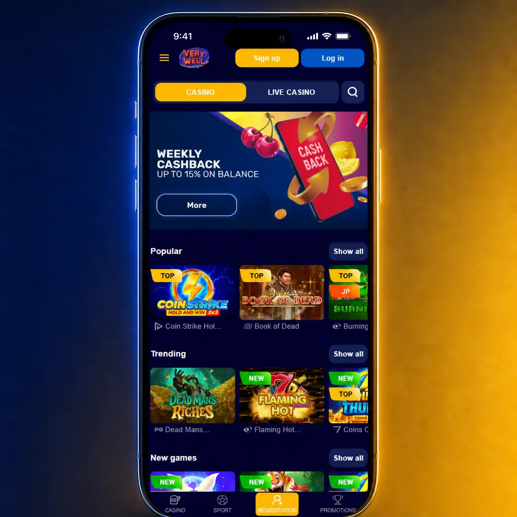 Dark navy and gold Very Well platform interface showing sports, casino, and live casino menu navigation with responsive layout