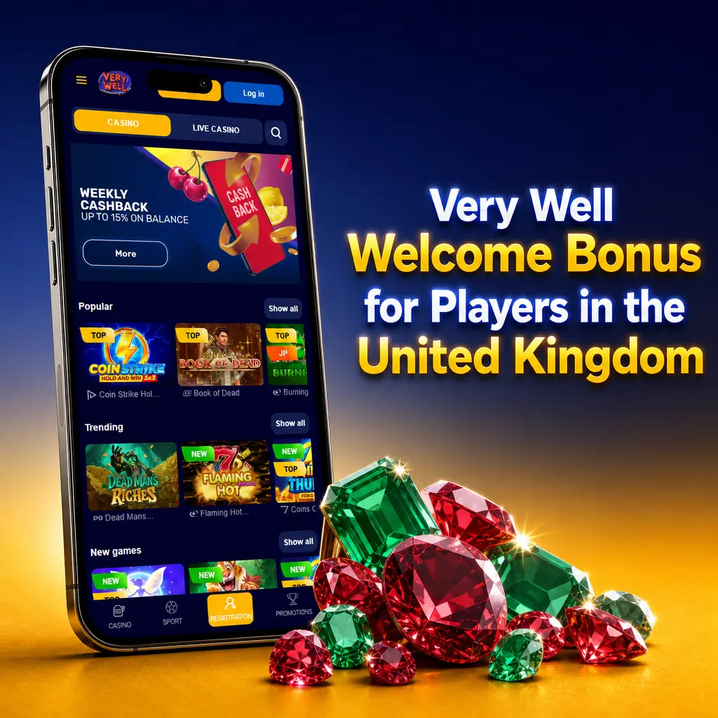 Very Well Casino UK welcome bonus showing 400% deposit match up to €1,000 and 300 free spins offer details